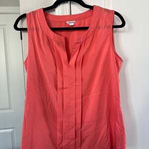 Calvin Klein Sleeveless Blouse Split Crew Neck Peach Orange Pleated